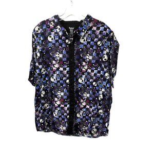 Spencers Mens Alien Graphic Button Up Shirt Sz L Black & Purple Short Sleeve